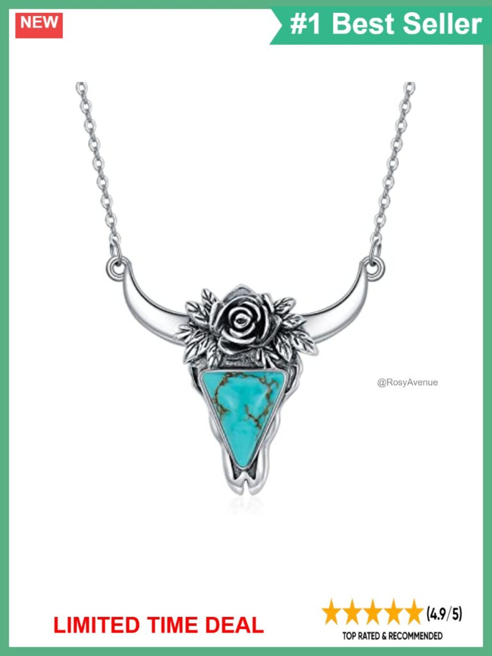 925 Sterling Silver Cow Skull Necklace Turquoise Pendant 18in Western